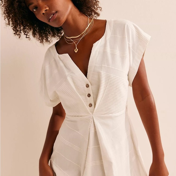Free People Outta Here Bohemian Summer Elegant White Midi Button Textured Dress - Picture 3 of 7